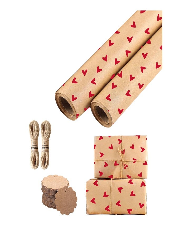 TOWNBUS |pack of 20 |45cm x 60cm |100 gsm Kraft Paper with Heart Print in Red | with 20 tags & jute ropes | Perfect for Gift packing, bouquet wrapping and so on - Image 1